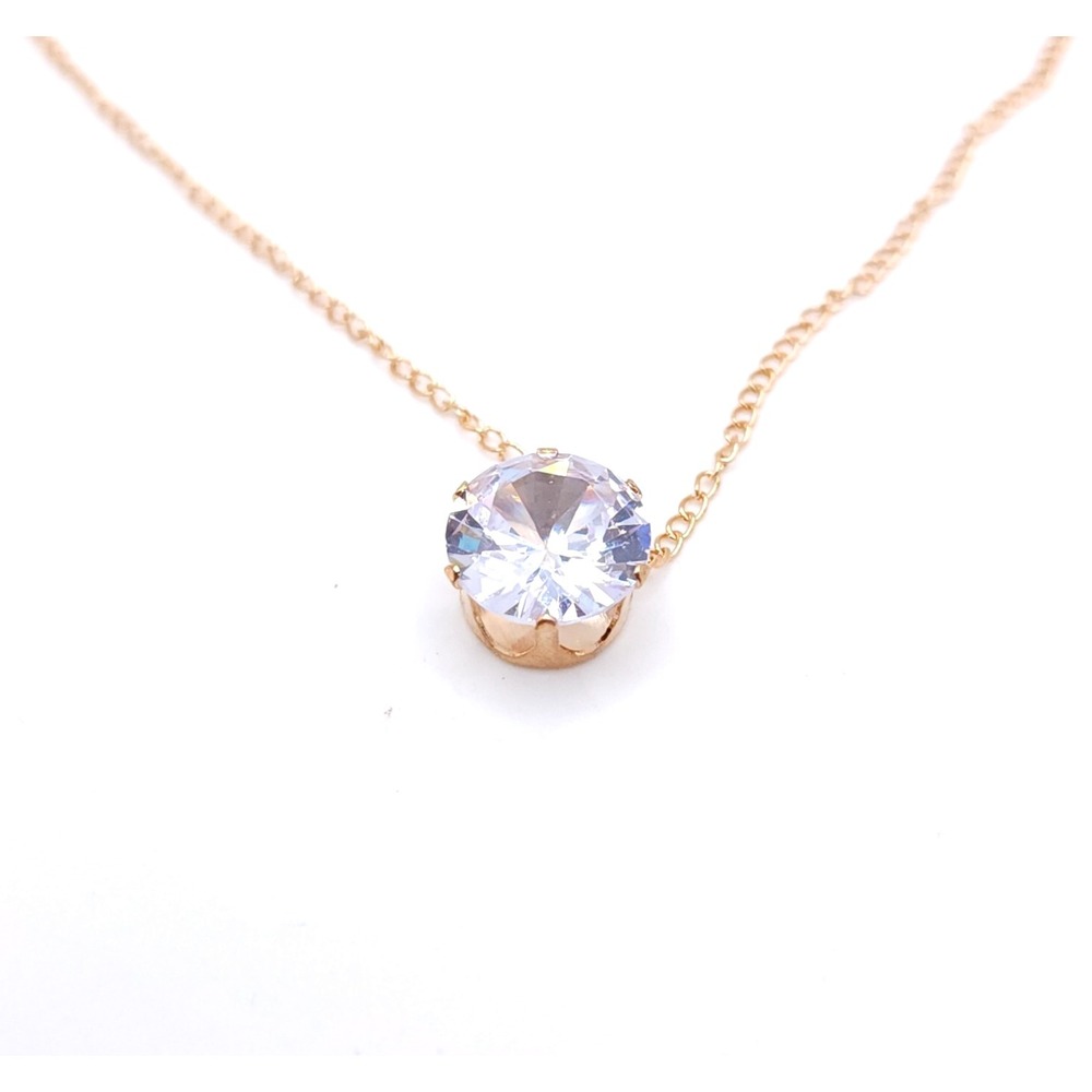 Gold Tone Necklace Round Crystal Solitaire‎ Pendant 18in